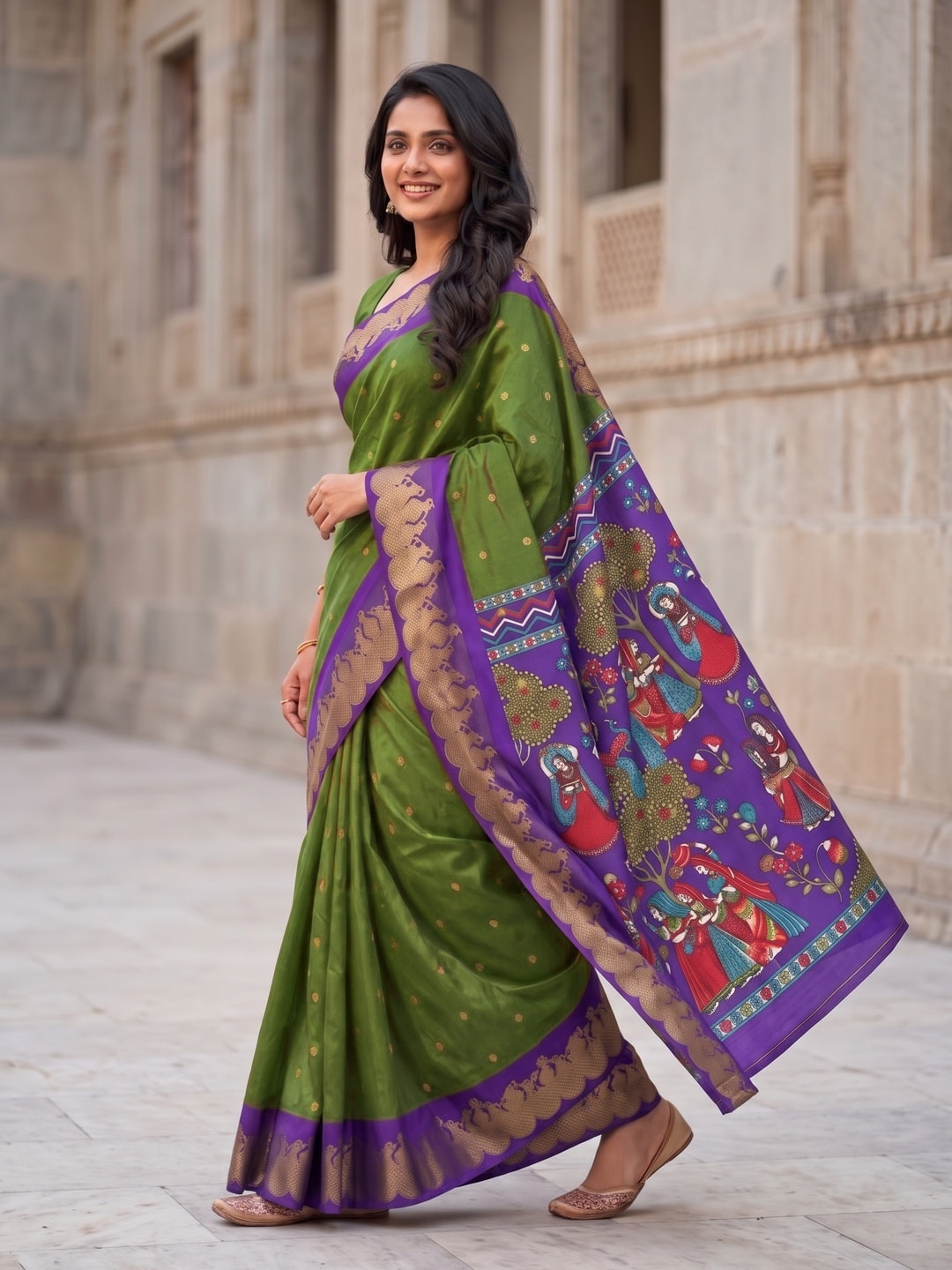 Peachmode Green Soft Cotton Zari Jacquard Saree With Temple Border And Kalamkari Pallu - Image 3