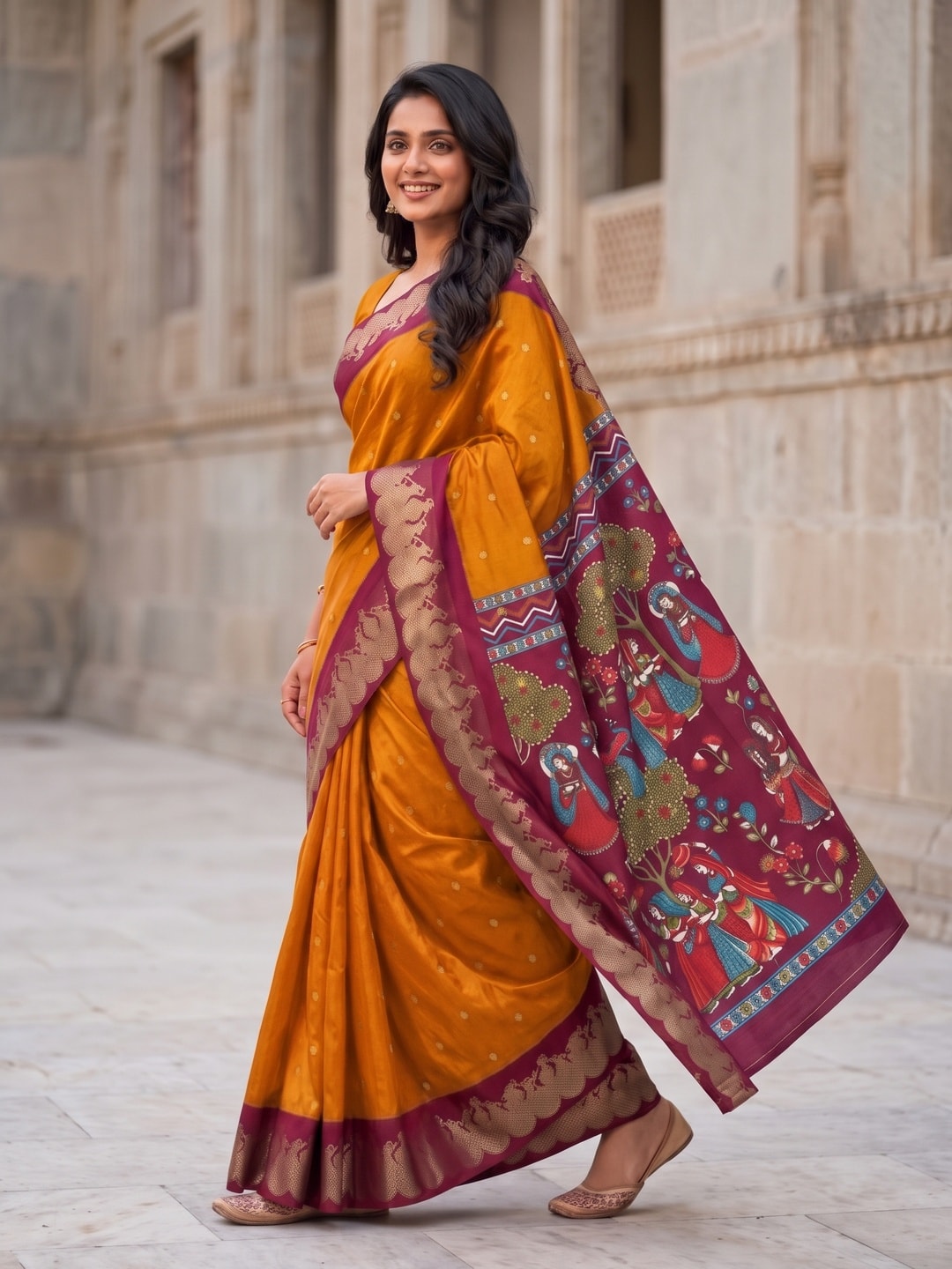 Peachmode Mustard Soft Cotton Zari Jacquard Saree With Temple Border And Kalamkari Pallu - Image 3