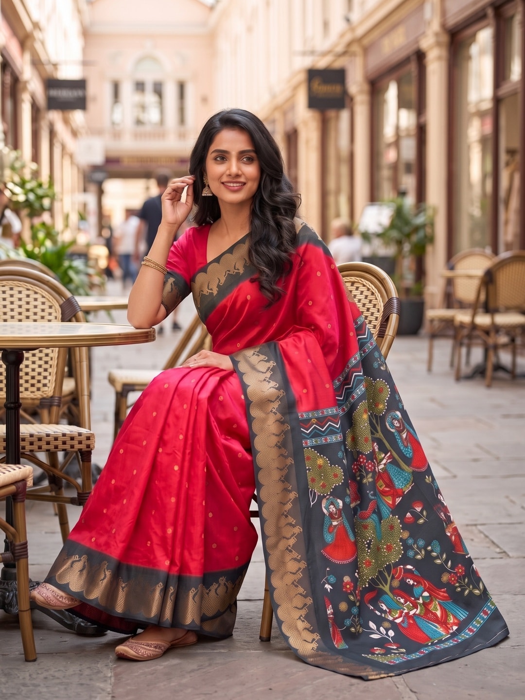 Peachmode Red Soft Cotton Zari Jacquard Saree With Temple Border And Kalamkari Pallu - Image 4