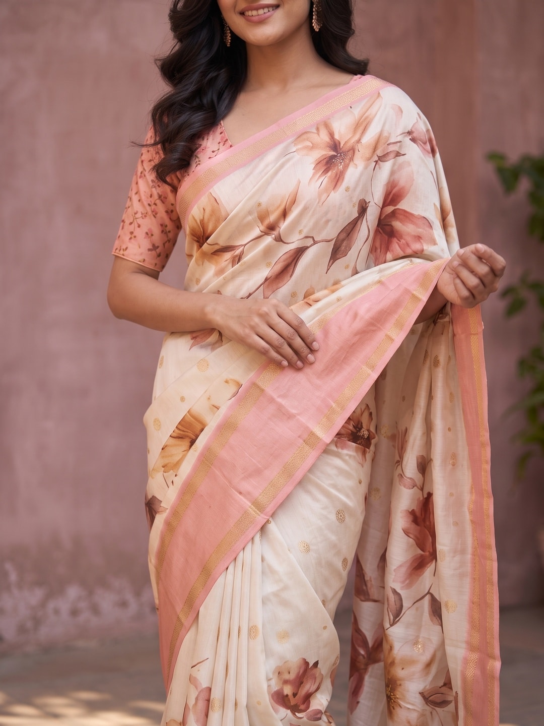 Peachmode Cream Soft Cotton Weaving Butti Zari Jacquard Saree With Fancy Floral Design - Image 5