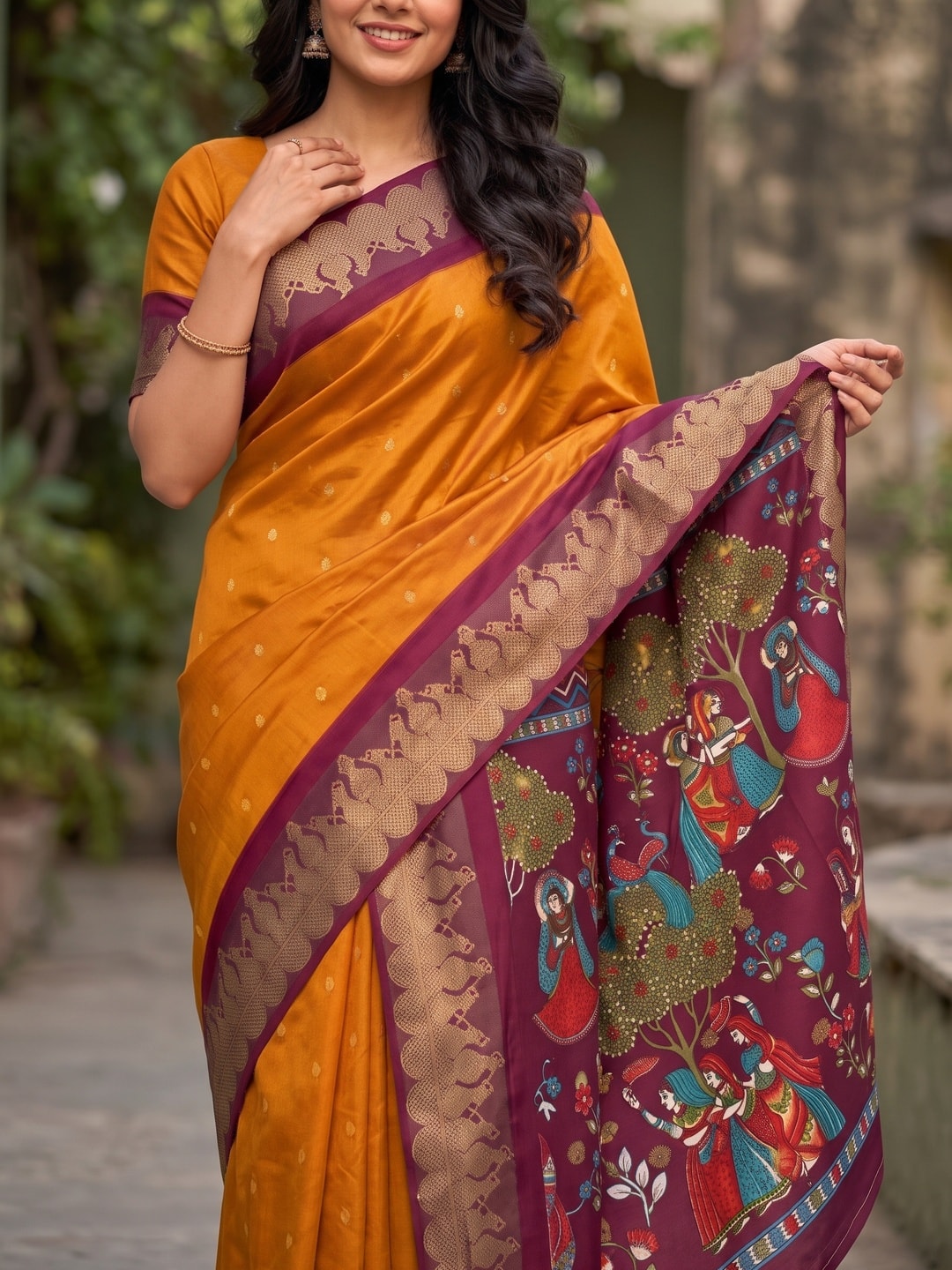Peachmode Mustard Soft Cotton Zari Jacquard Saree With Temple Border And Kalamkari Pallu - Image 5