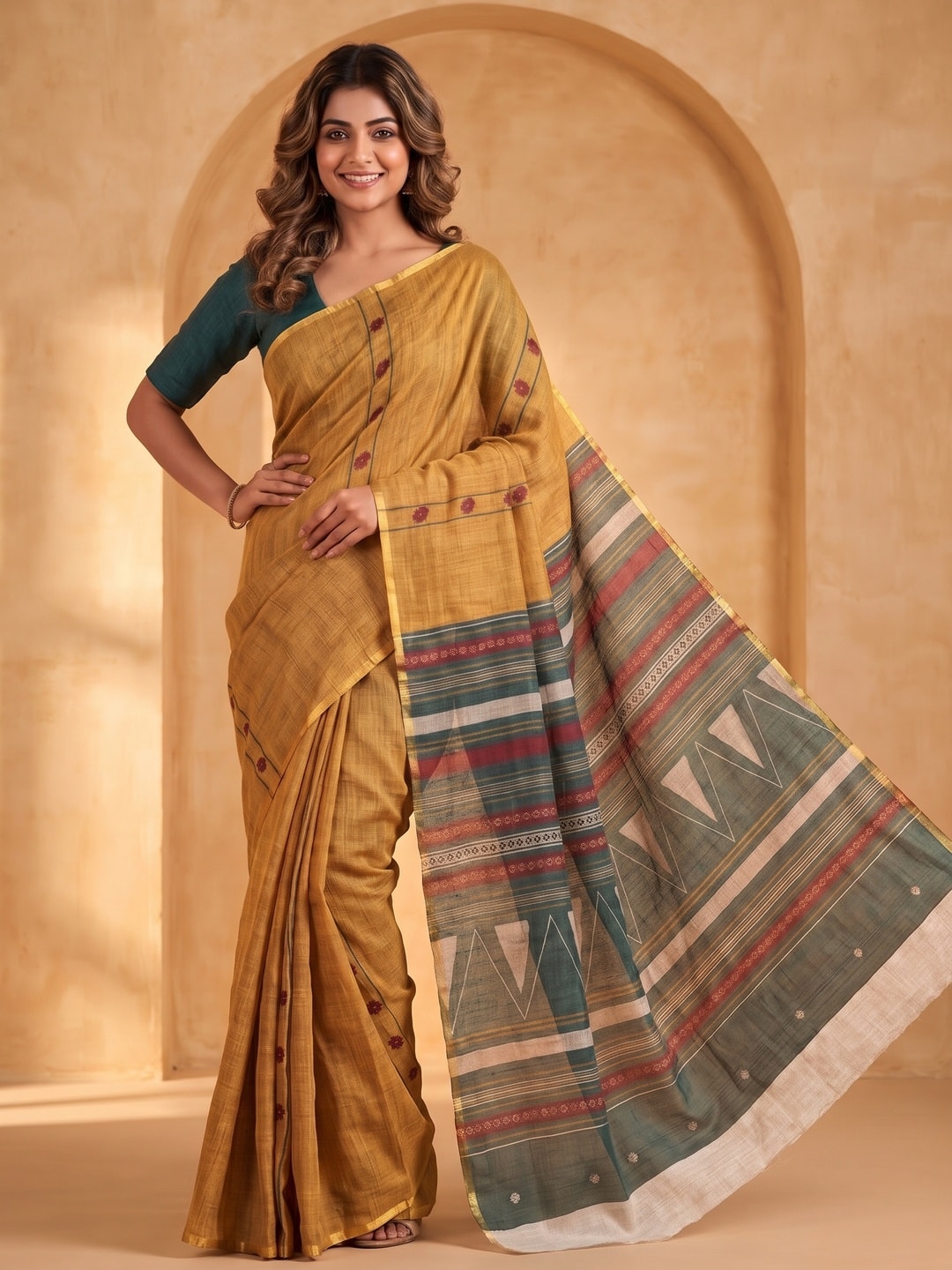 Peachmode Gold Pure Linen Weave Saree With Chennur Cotton Print And Thread Mirror Work With Tassels - Image 1