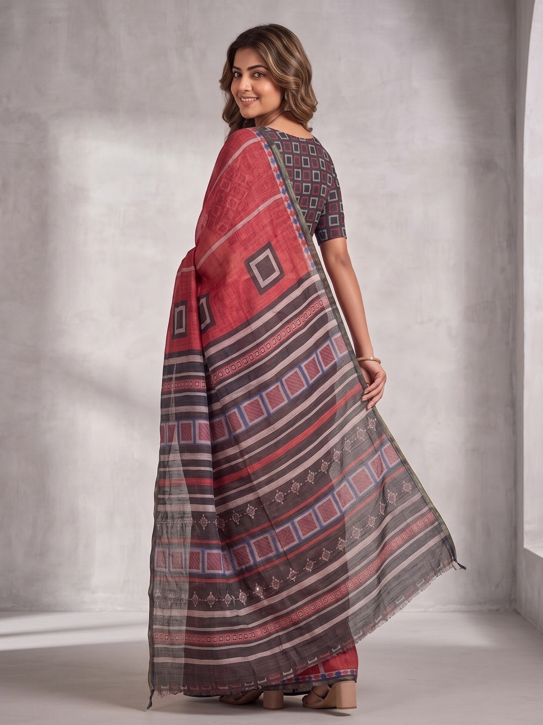 Peachmode Red Pure Linen Weave Saree With Chennur Cotton Print And Thread Mirror Work With Tassels - Image 2