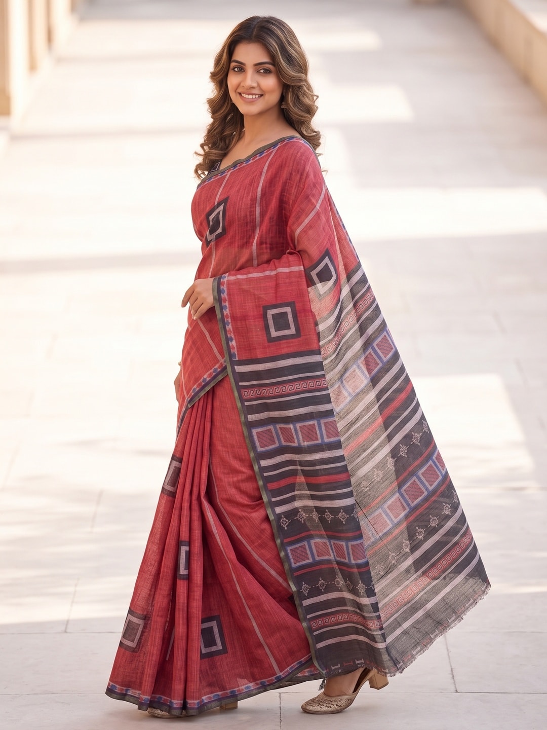 Peachmode Red Pure Linen Weave Saree With Chennur Cotton Print And Thread Mirror Work With Tassels - Image 3