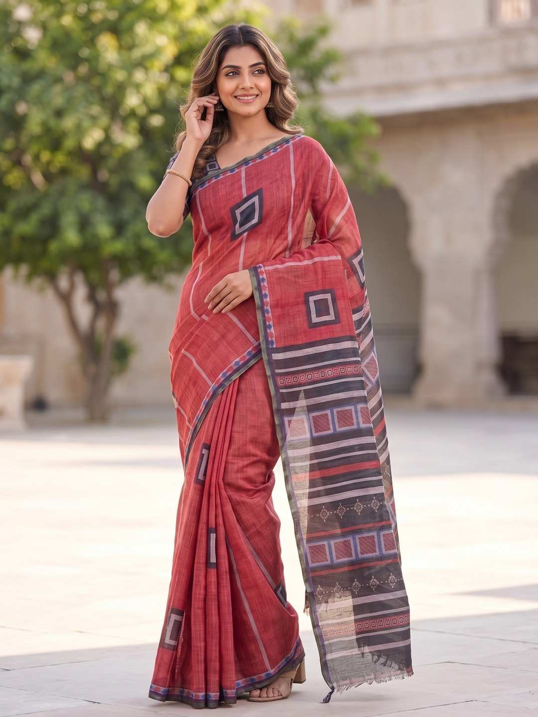 Peachmode Red Pure Linen Weave Saree With Chennur Cotton Print And Thread Mirror Work With Tassels - Image 4