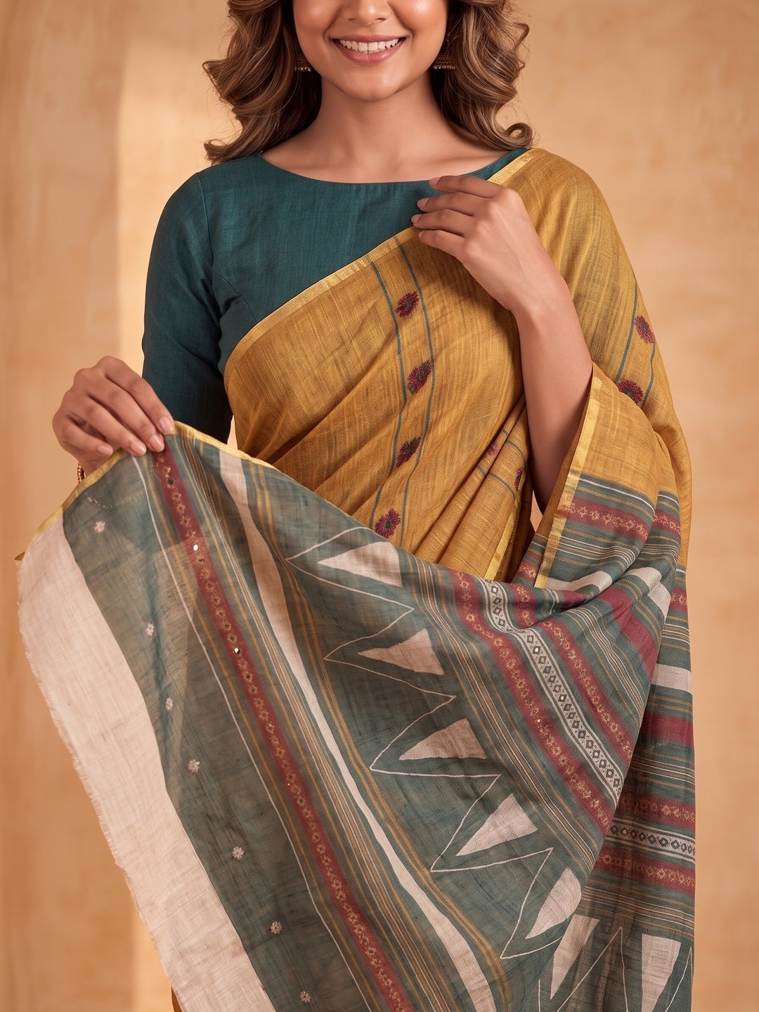 Peachmode Gold Pure Linen Weave Saree With Chennur Cotton Print And Thread Mirror Work With Tassels - Image 5