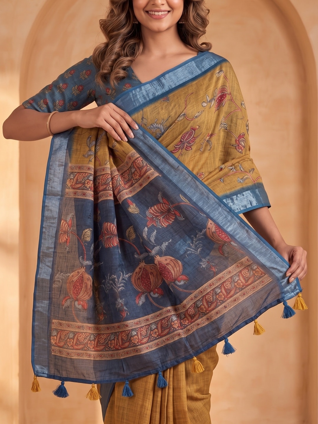 Peachmode Mustard Pure Linen Weave Saree With Chennur Cotton Print And Thread Mirror Work With Tassels - Image 5