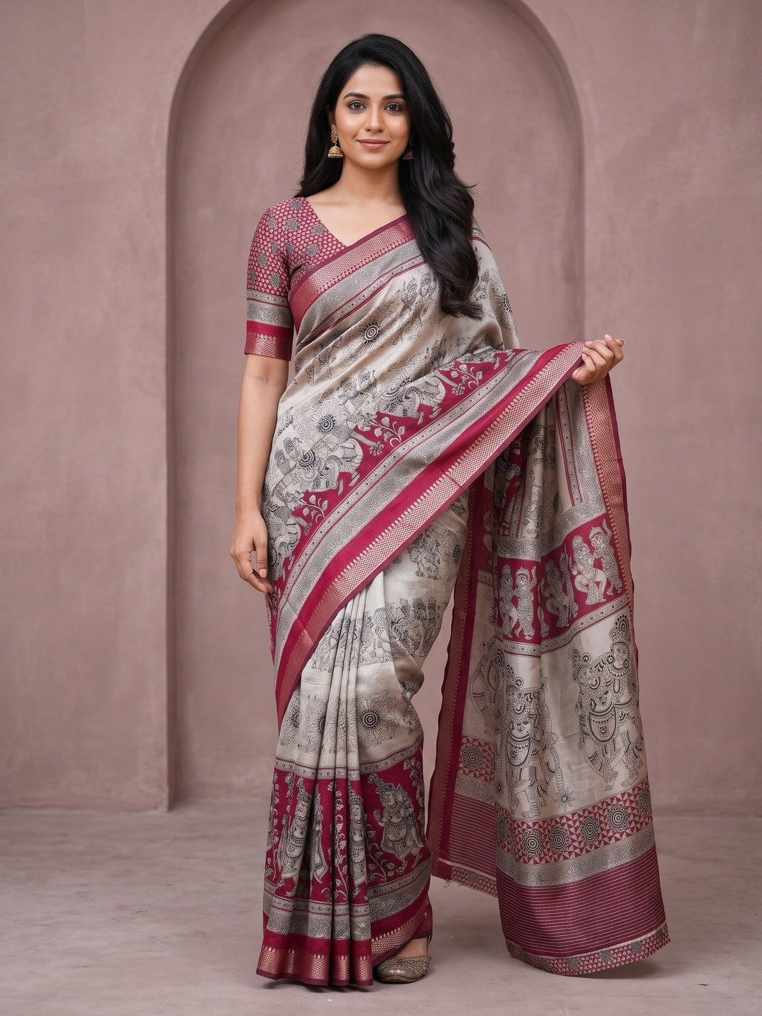 Peachmode Red Maheshwari Silk Viscose Printed Saree With Zari Border And Kalamkari Pallu - Image 1