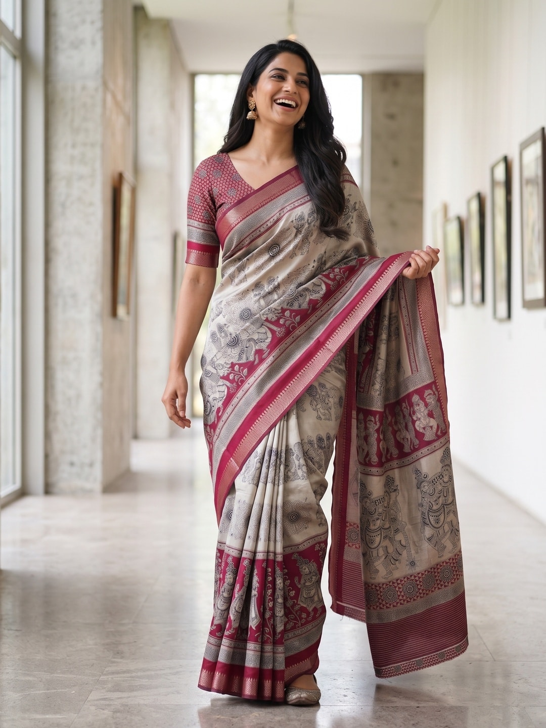 Peachmode Red Maheshwari Silk Viscose Printed Saree With Zari Border And Kalamkari Pallu - Image 4