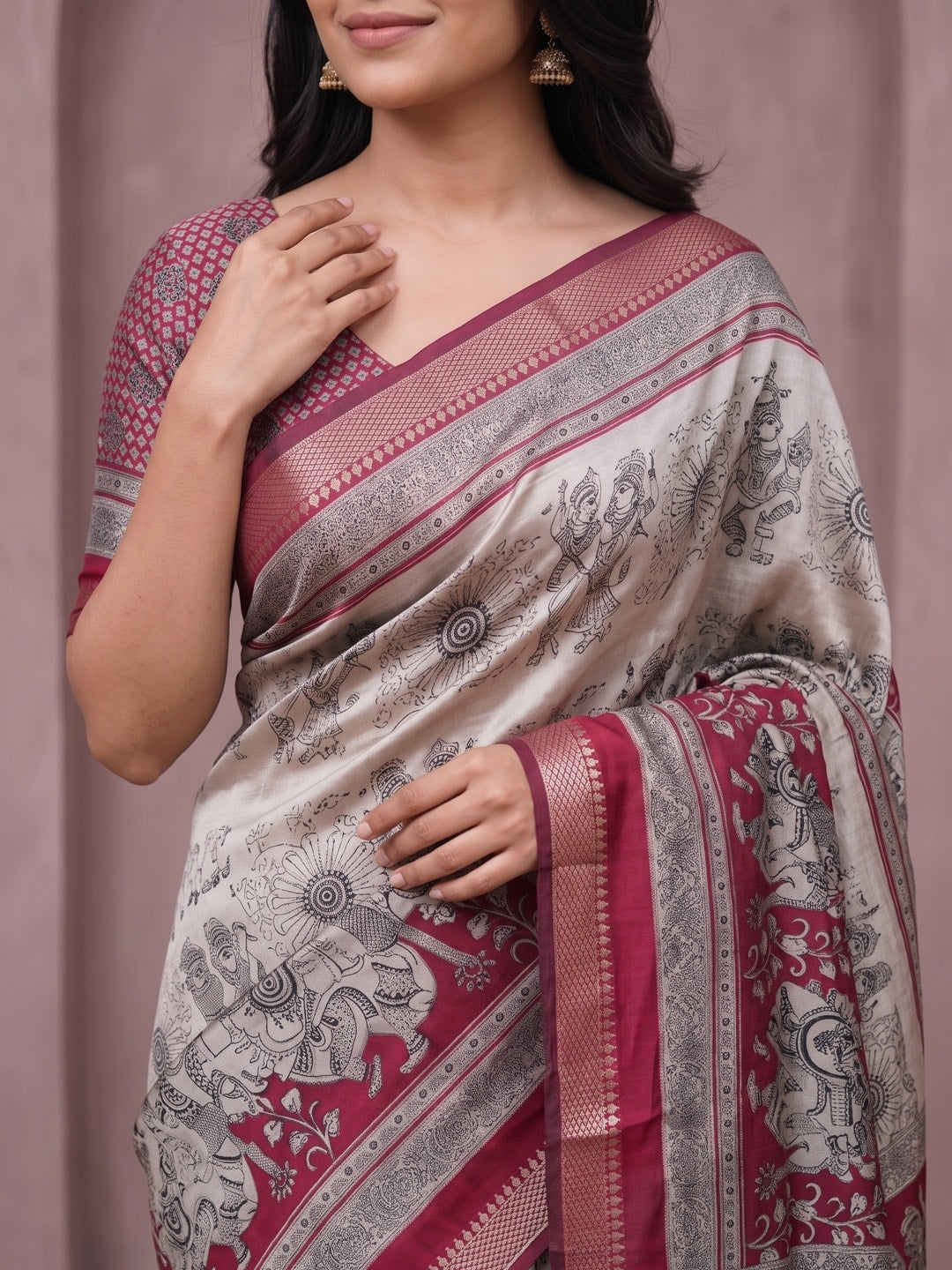 Peachmode Red Maheshwari Silk Viscose Printed Saree With Zari Border And Kalamkari Pallu - Image 5
