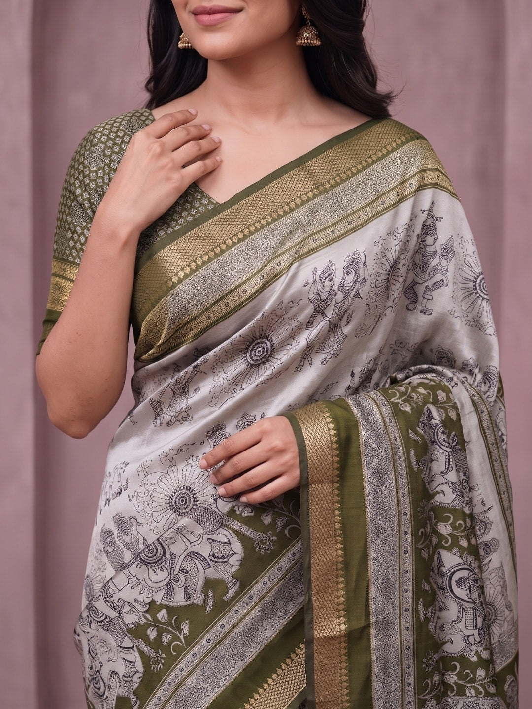 Peachmode Olive Green Maheshwari Silk Viscose Printed Saree With Zari Border And Kalamkari Pallu - Image 5