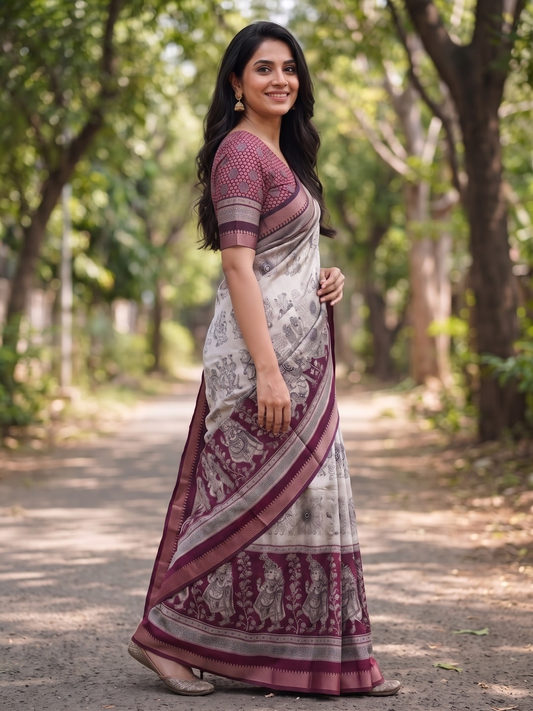 Peachmode Wine Maheshwari Silk Viscose Printed Saree With Zari Border And Kalamkari Pallu - Image 3