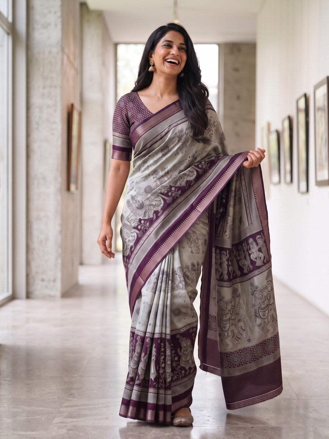 Peachmode Wine Maheshwari Silk Viscose Printed Saree With Zari Border And Kalamkari Pallu - Image 4