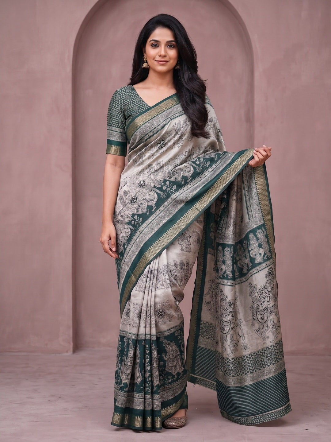 Peachmode Teal Maheshwari Silk Viscose Printed Saree With Zari Border And Kalamkari Pallu - Image 1