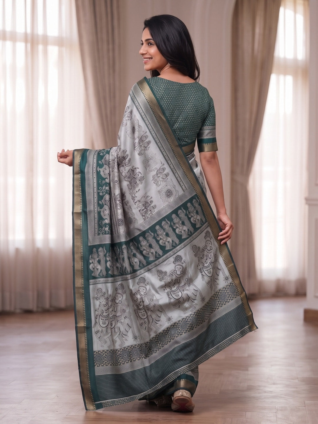 Peachmode Teal Maheshwari Silk Viscose Printed Saree With Zari Border And Kalamkari Pallu - Image 2