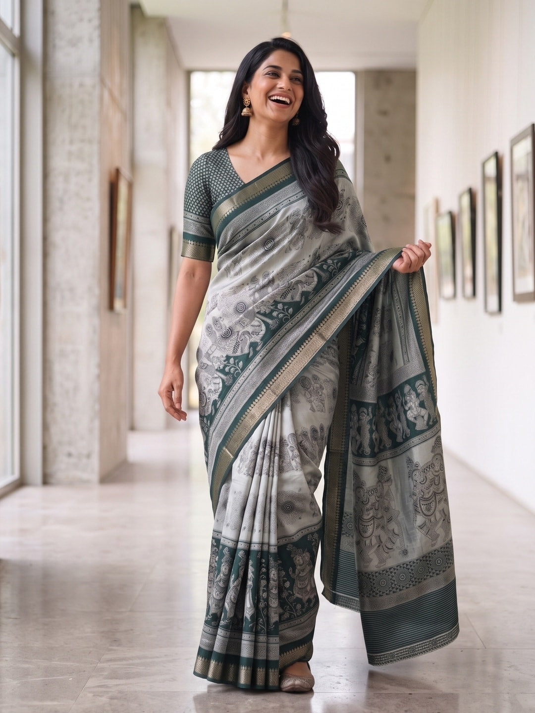 Peachmode Teal Maheshwari Silk Viscose Printed Saree With Zari Border And Kalamkari Pallu - Image 4