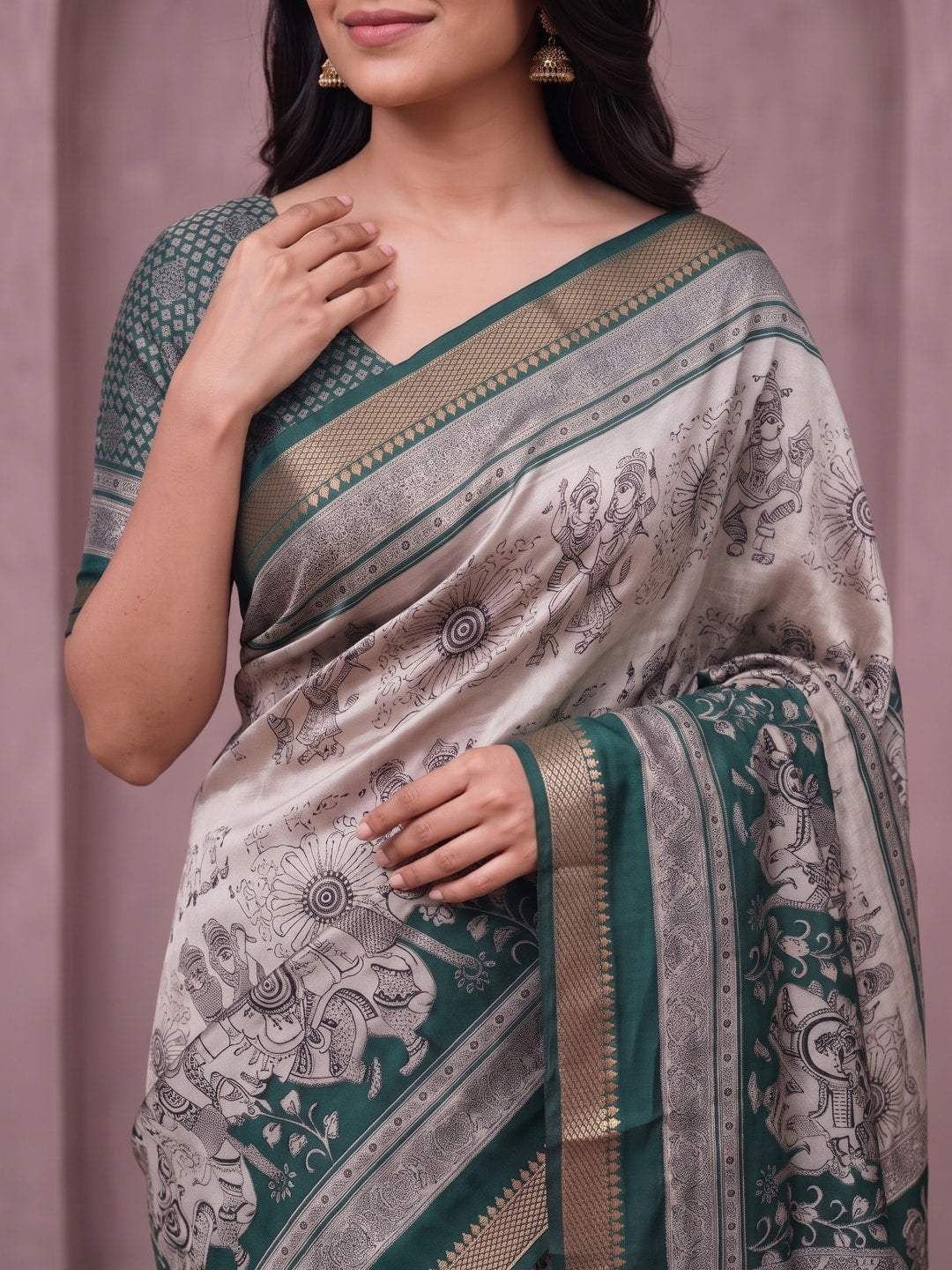 Peachmode Teal Maheshwari Silk Viscose Printed Saree With Zari Border And Kalamkari Pallu - Image 5