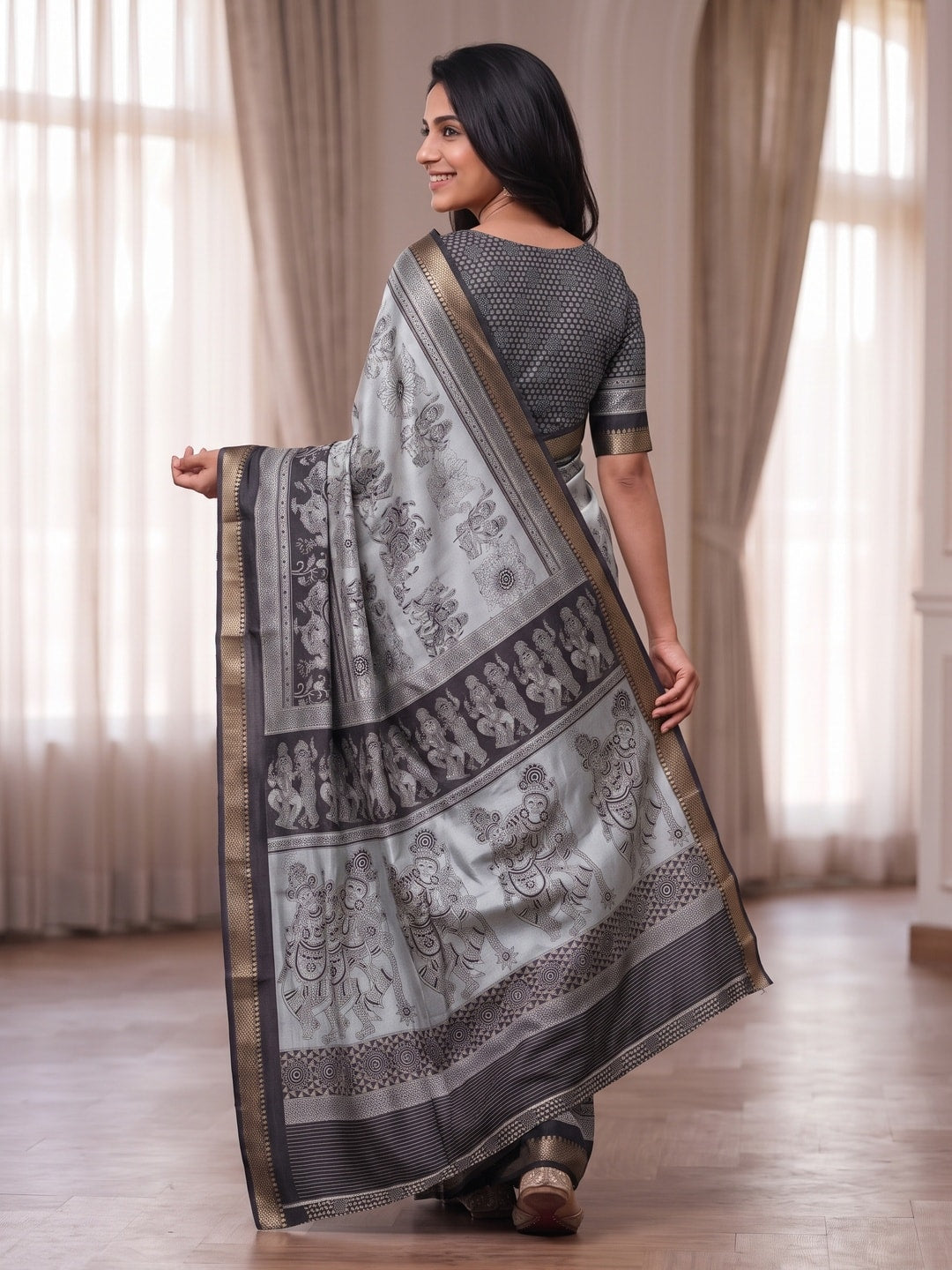 Peachmode Black Maheshwari Silk Viscose Printed Saree With Zari Border And Kalamkari Pallu - Image 2