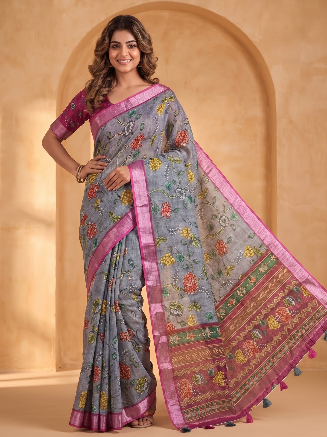 Peachmode Grey Pure Linen Weave Saree With Chennur Cotton Print And Thread Mirror Work With Tassels - Image 1