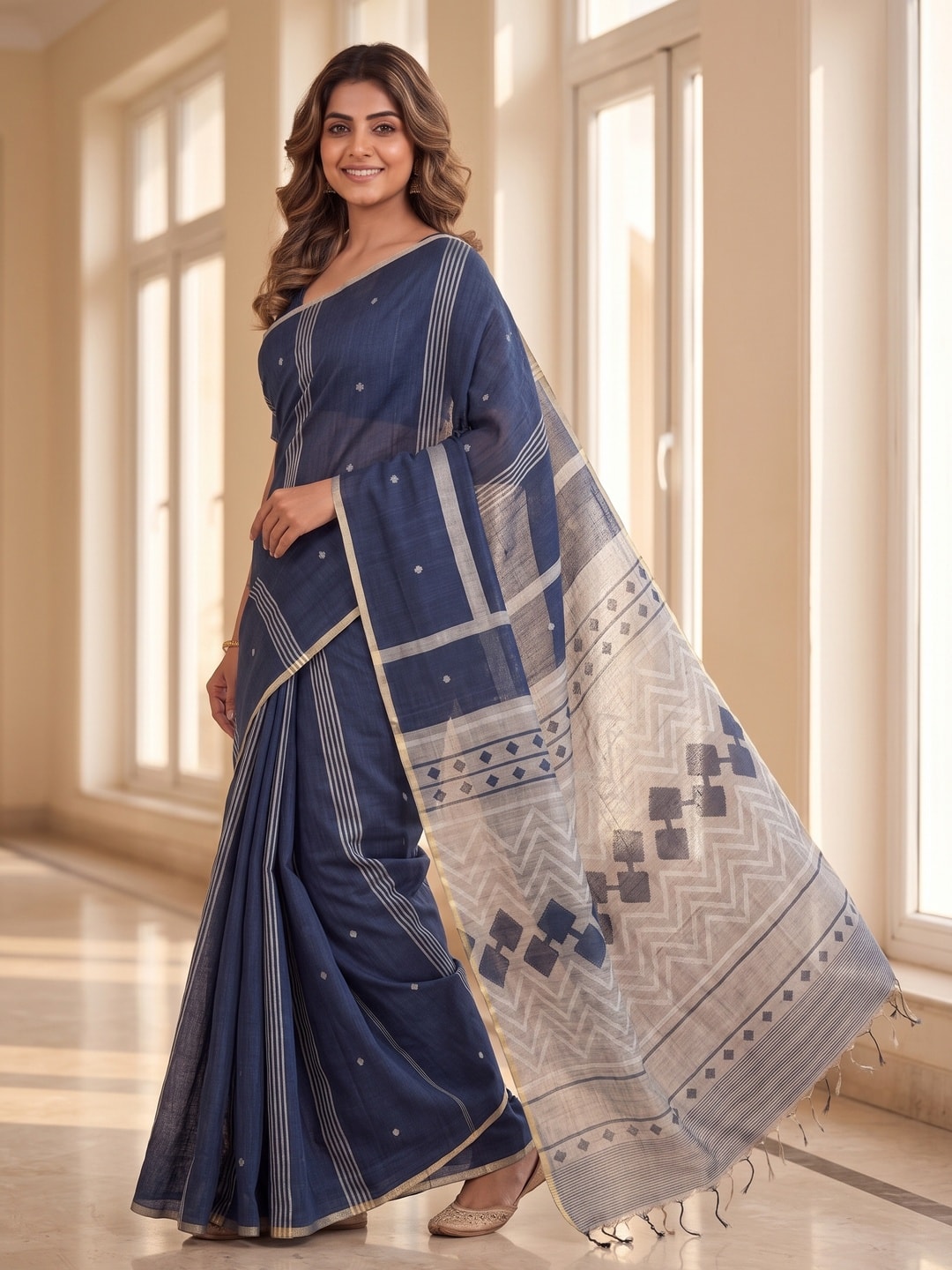 Peachmode Navy Pure Linen Weave Saree With Chennur Cotton Print And Thread Mirror Work With Tassels - Image 3