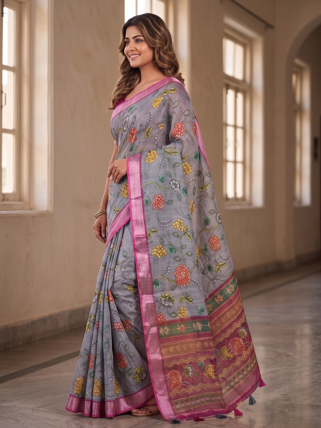Peachmode Grey Pure Linen Weave Saree With Chennur Cotton Print And Thread Mirror Work With Tassels - Image 3