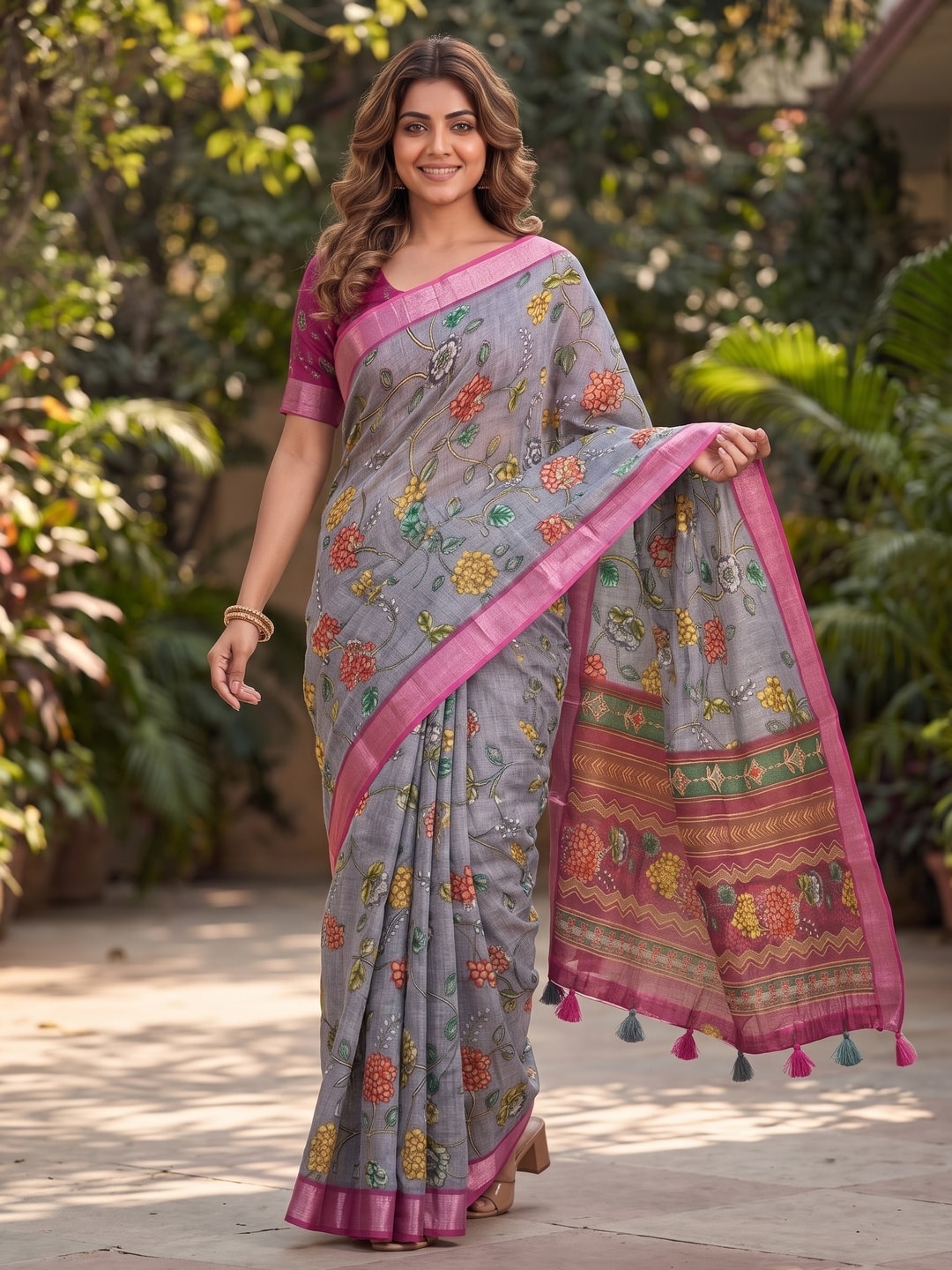 Peachmode Grey Pure Linen Weave Saree With Chennur Cotton Print And Thread Mirror Work With Tassels - Image 4