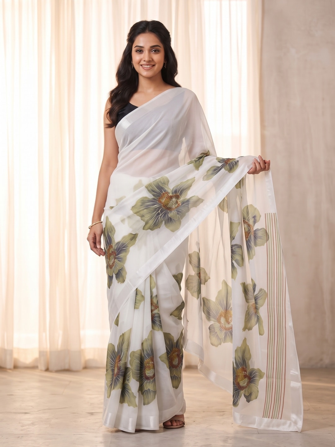 Peachmode White & Olive Green Fine Viscose Georgette Saree With Fancy Floral Foil Print And Pure Silk Handwork Blouse - Image 1