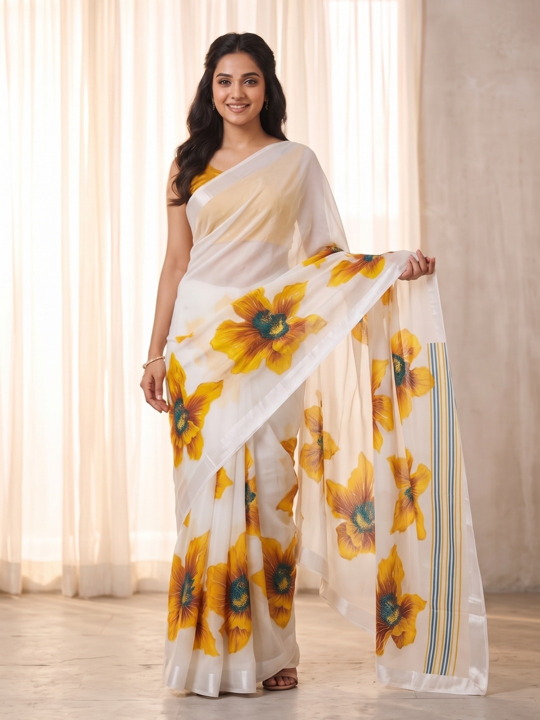 Peachmode White & Mustard Fine Viscose Georgette Saree With Fancy Floral Foil Print And Pure Silk Handwork Blouse - Image 1