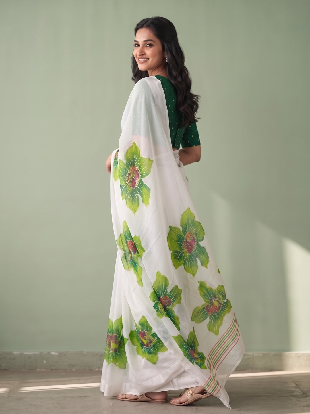 Peachmode White & Green Fine Viscose Georgette Saree With Fancy Floral Foil Print And Pure Silk Handwork Blouse - Image 2