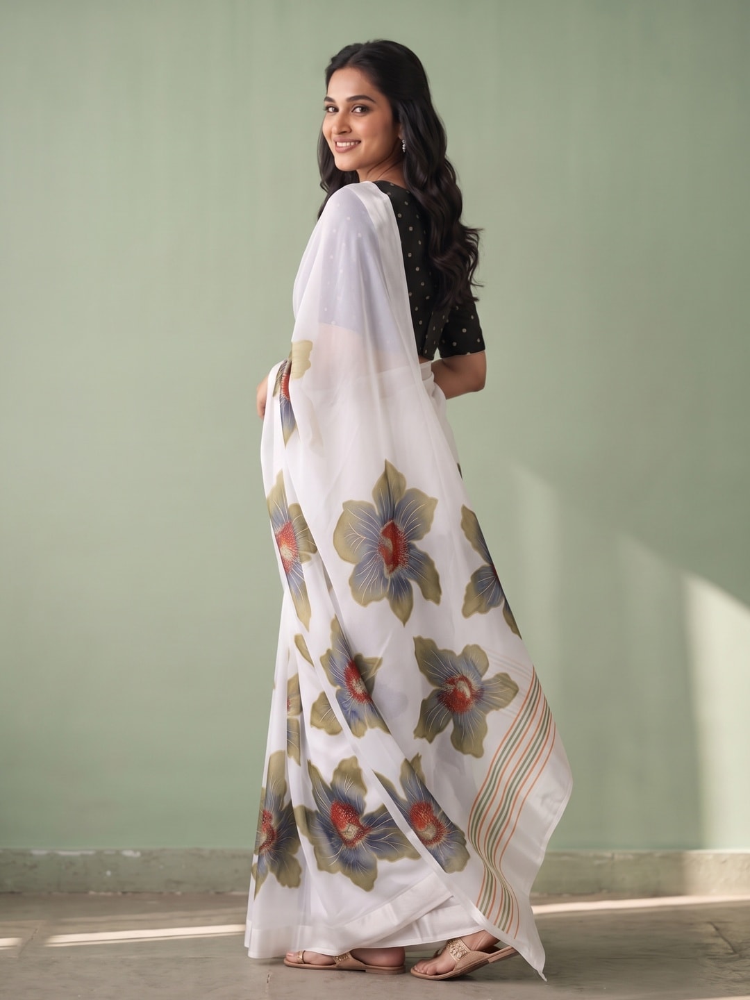 Peachmode White & Olive Green Fine Viscose Georgette Saree With Fancy Floral Foil Print And Pure Silk Handwork Blouse - Image 2