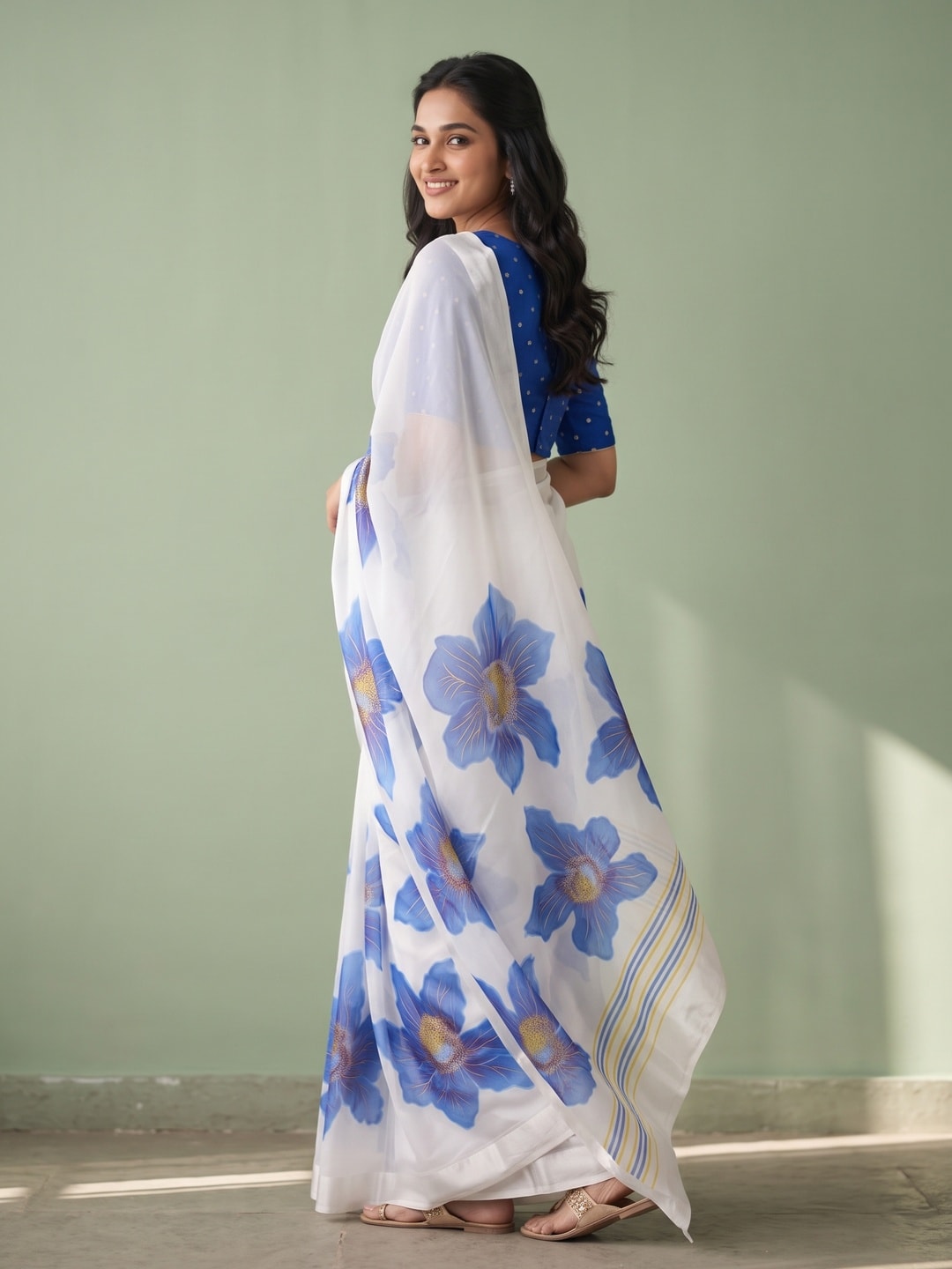 Peachmode White & Royal Blue Fine Viscose Georgette Saree With Fancy Floral Foil Print And Pure Silk Handwork Blouse - Image 2