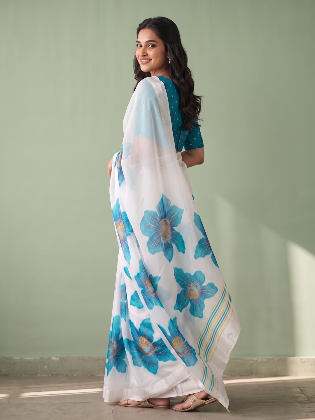 Peachmode White & Turquoise Fine Viscose Georgette Saree With Fancy Floral Foil Print And Pure Silk Handwork Blouse - Image 2