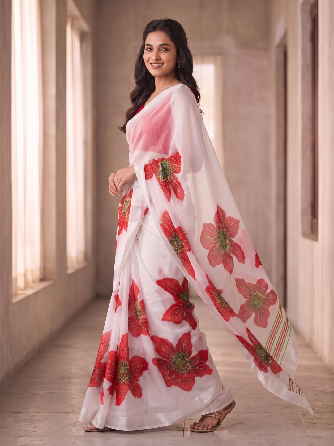 Peachmode White & Red Fine Viscose Georgette Saree With Fancy Floral Foil Print And Pure Silk Handwork Blouse - Image 3
