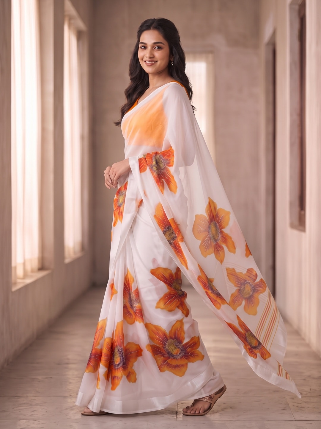 Peachmode White & Orange Fine Viscose Georgette Saree With Fancy Floral Foil Print And Pure Silk Handwork Blouse - Image 3