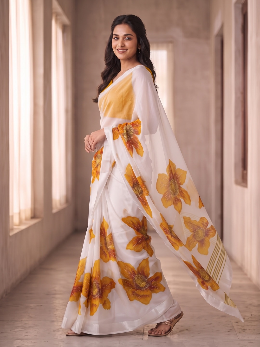 Peachmode White & Mustard Fine Viscose Georgette Saree With Fancy Floral Foil Print And Pure Silk Handwork Blouse - Image 3