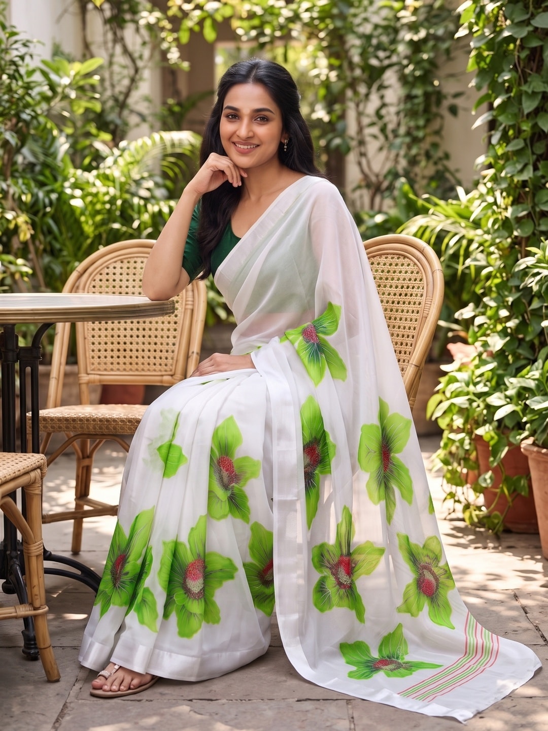 Peachmode White & Green Fine Viscose Georgette Saree With Fancy Floral Foil Print And Pure Silk Handwork Blouse - Image 4