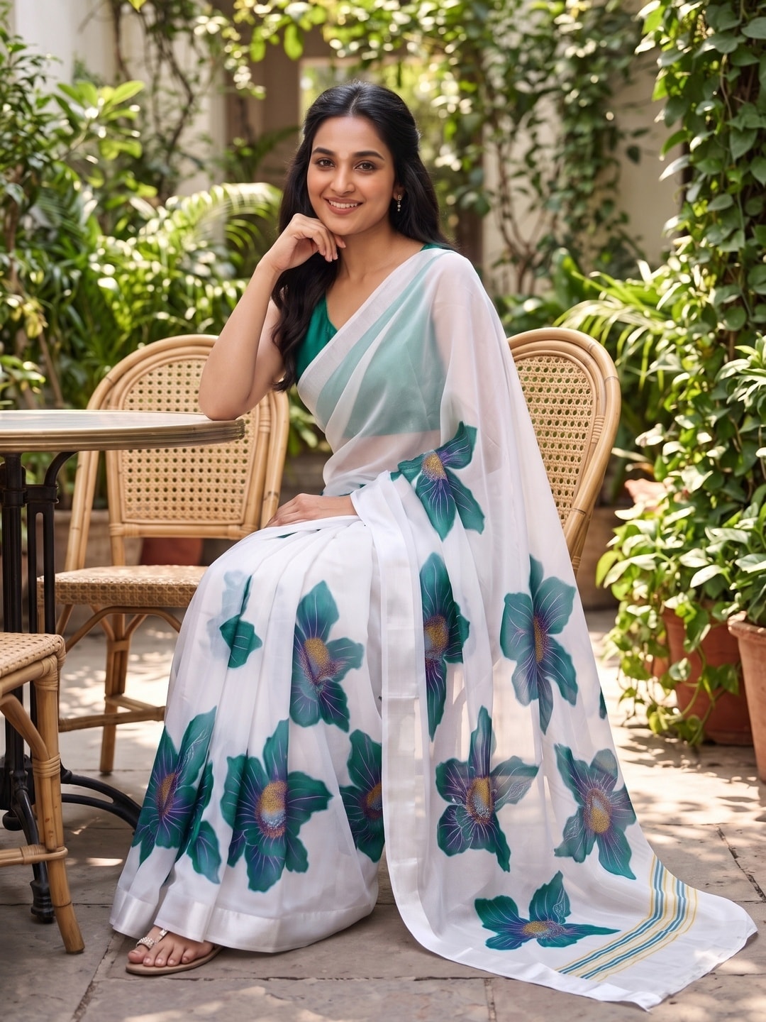 Peachmode White & Teal Fine Viscose Georgette Saree With Fancy Floral Foil Print And Pure Silk Handwork Blouse - Image 4