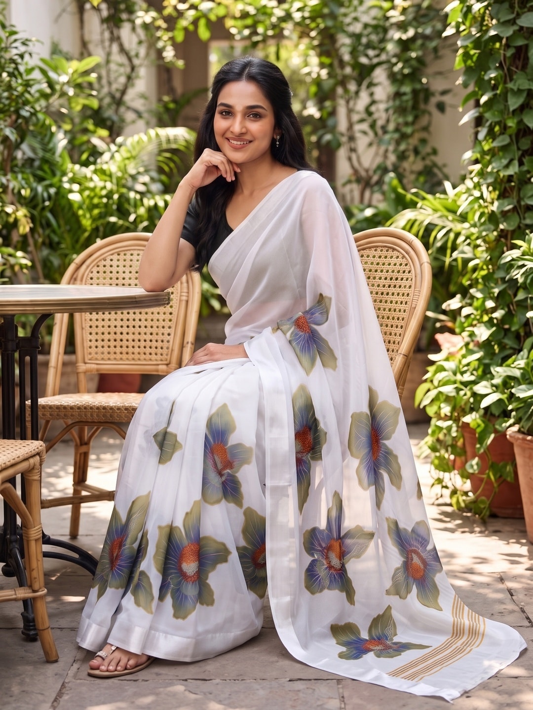 Peachmode White & Olive Green Fine Viscose Georgette Saree With Fancy Floral Foil Print And Pure Silk Handwork Blouse - Image 4