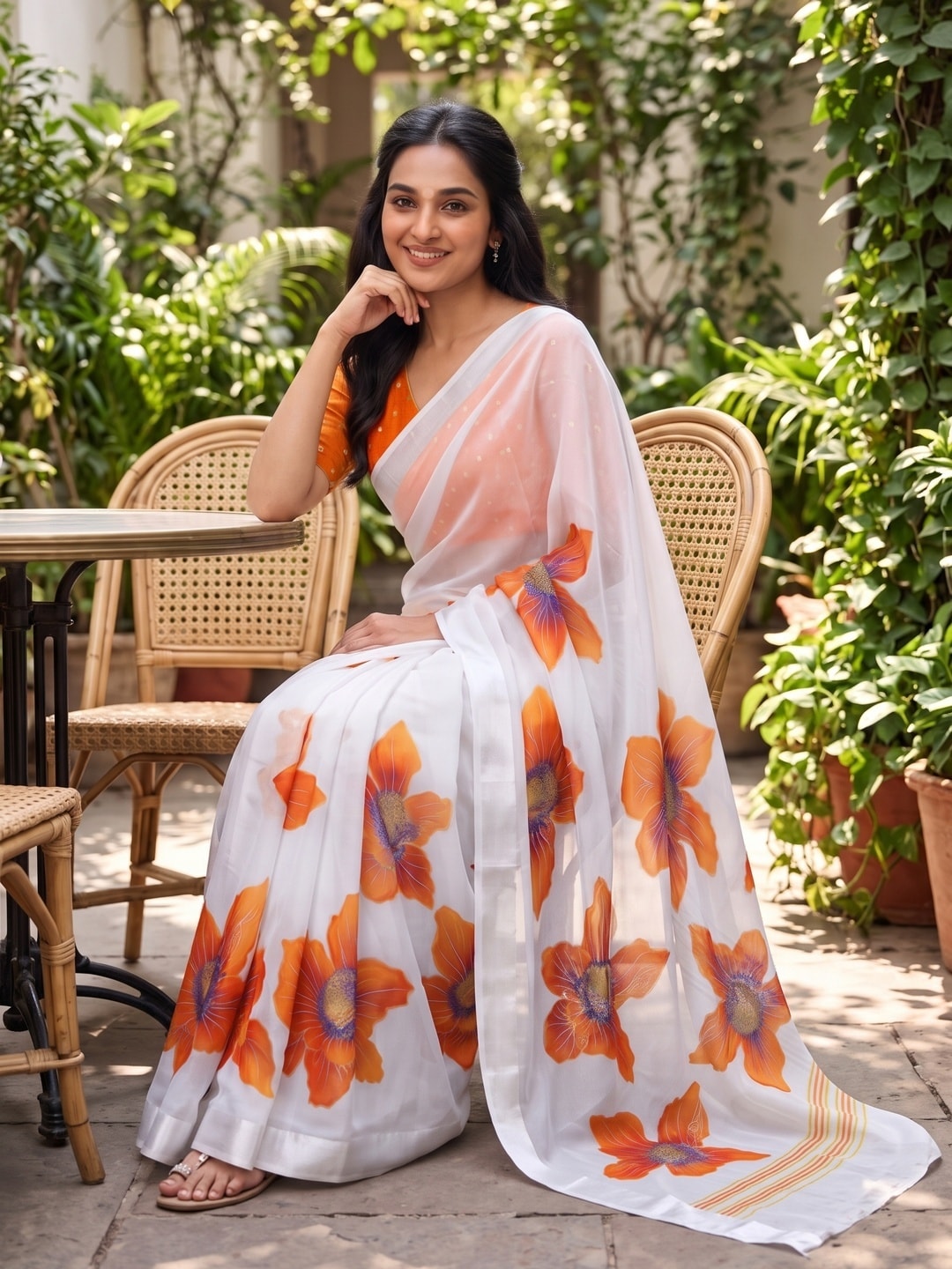 Peachmode White & Orange Fine Viscose Georgette Saree With Fancy Floral Foil Print And Pure Silk Handwork Blouse - Image 4