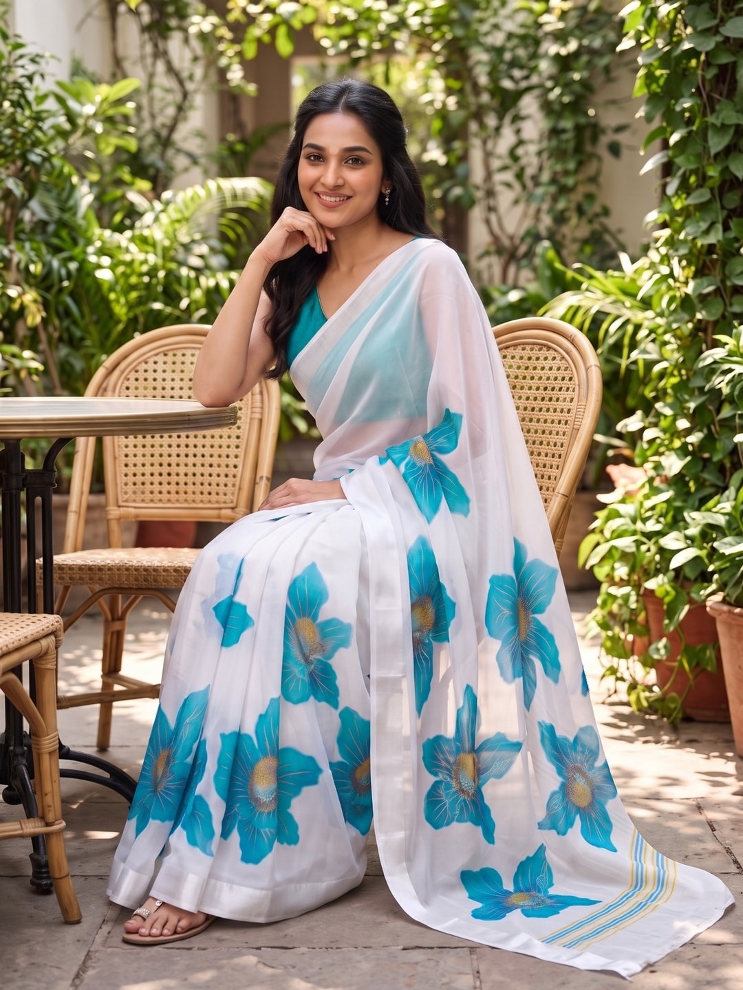 Peachmode White & Turquoise Fine Viscose Georgette Saree With Fancy Floral Foil Print And Pure Silk Handwork Blouse - Image 4