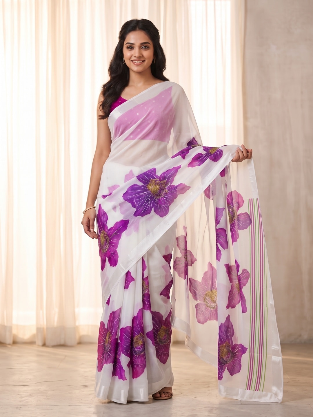Peachmode White & Purple Fine Viscose Georgette Saree With Fancy Floral Foil Print And Pure Silk Handwork Blouse - Image 1