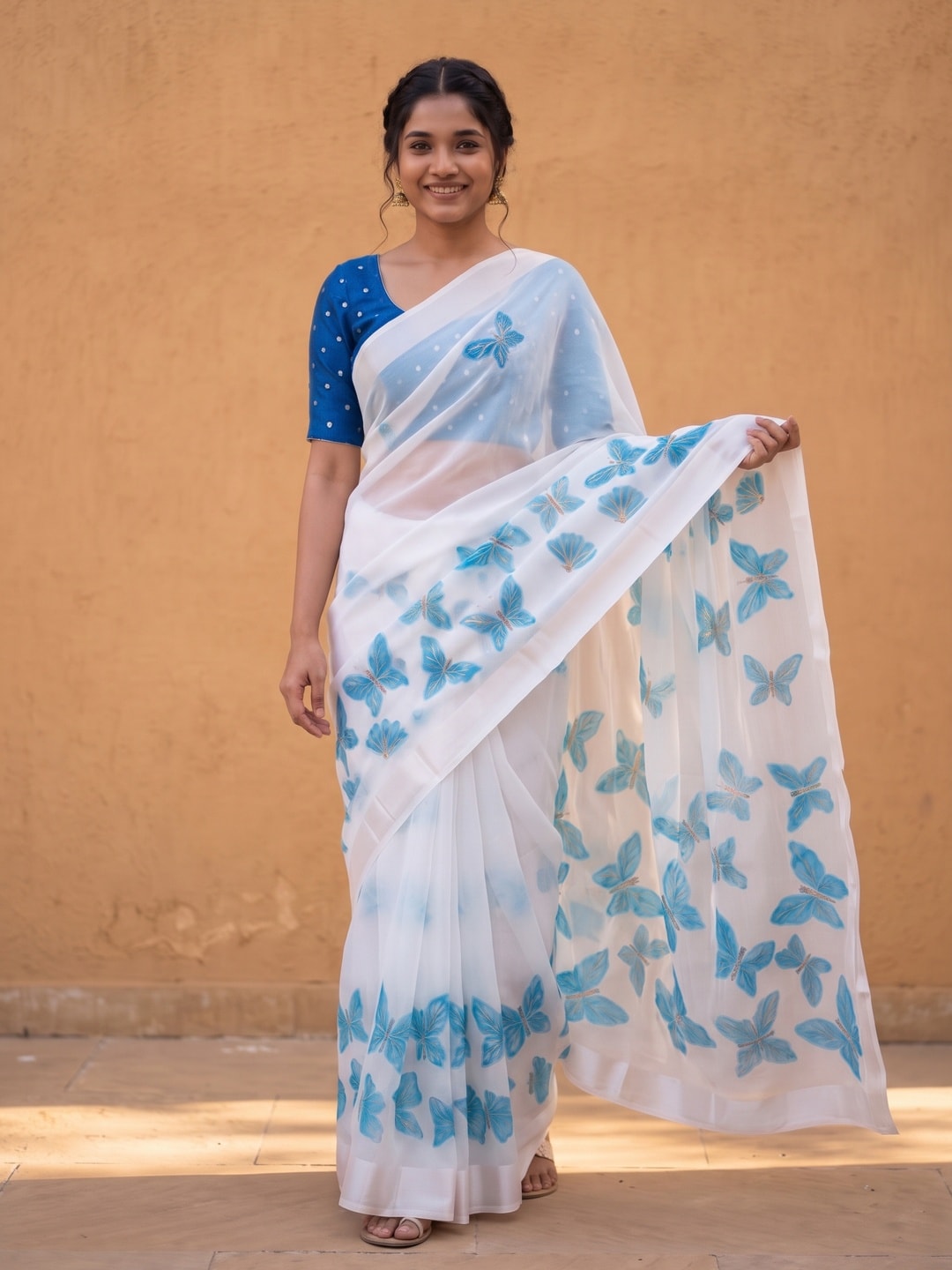 Peachmode White & Sky Blue Fine Viscose Georgette Saree With Fancy Butterfly Foil Print And Pure Silk Handwork Blouse - Image 1