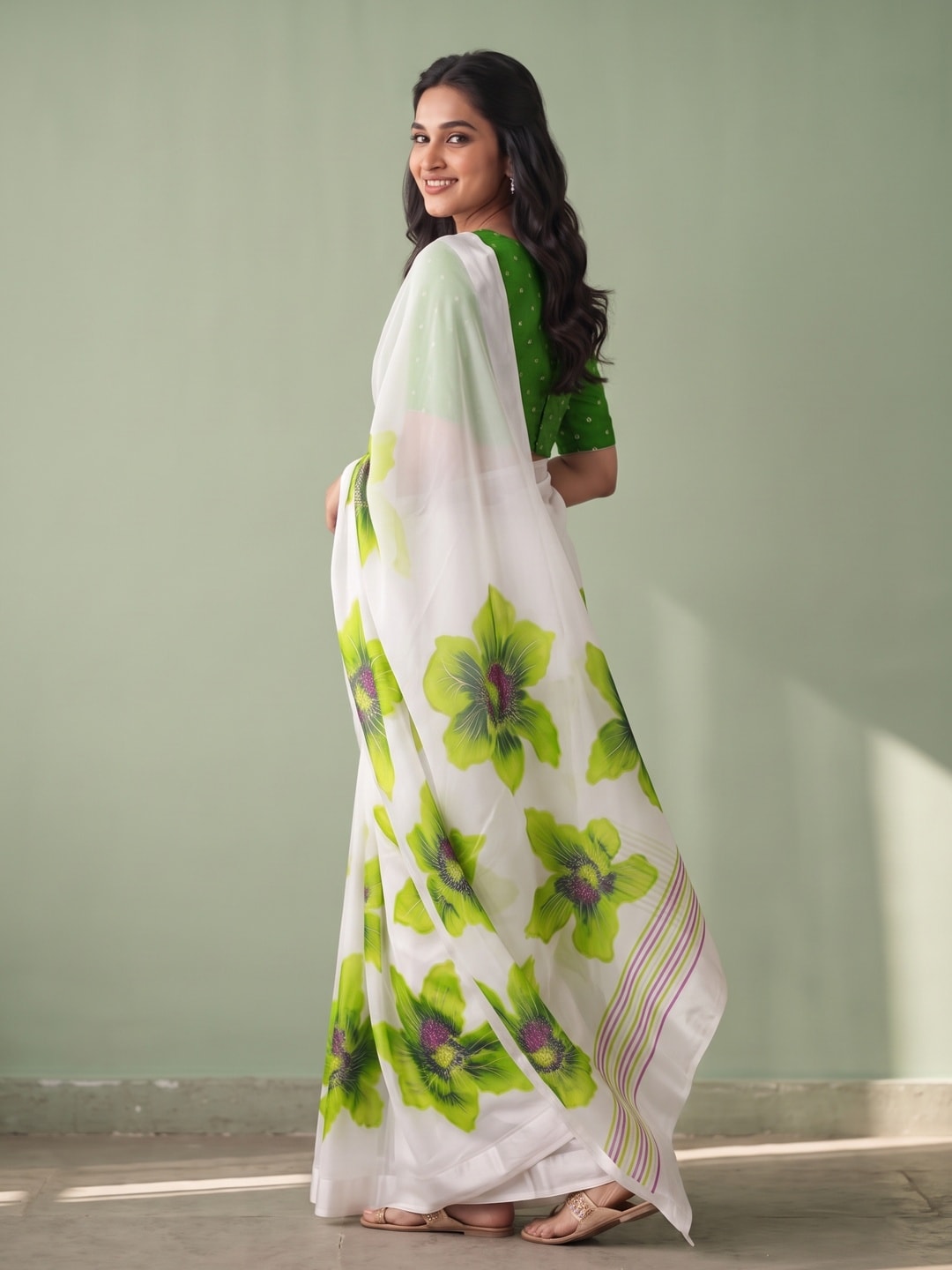 Peachmode White & Lime Green Fine Viscose Georgette Saree With Fancy Floral Foil Print And Pure Silk Handwork Blouse - Image 2