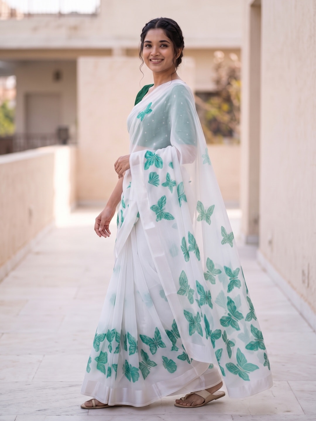 Peachmode White & Sea Green Fine Viscose Georgette Saree With Fancy Butterfly Foil Print And Pure Silk Handwork Blouse - Image 3