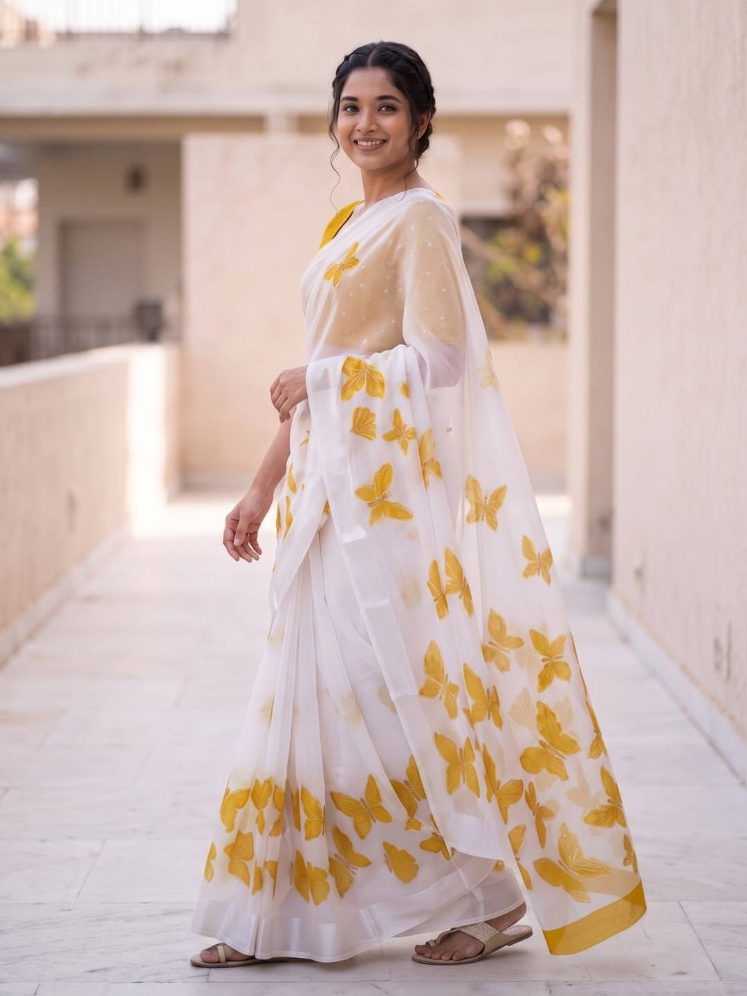 Peachmode White & Mustard Fine Viscose Georgette Saree With Fancy Butterfly Foil Print And Pure Silk Handwork Blouse - Image 3