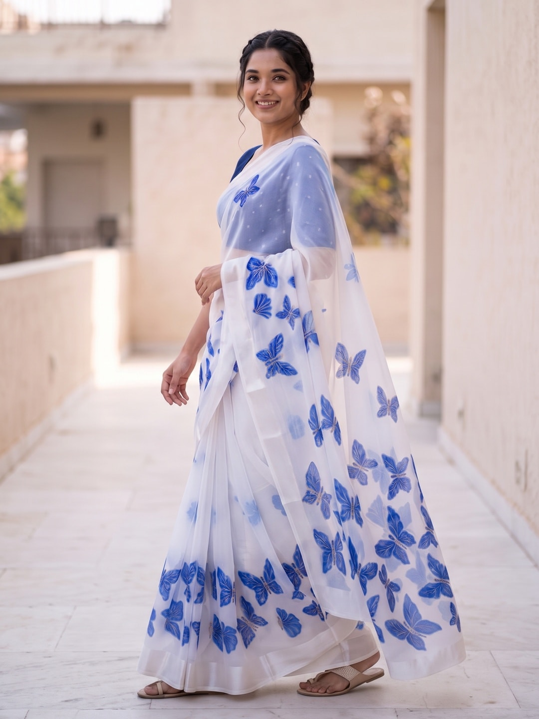 Peachmode White & Royal Blue Fine Viscose Georgette Saree With Fancy Butterfly Foil Print And Pure Silk Handwork Blouse - Image 3