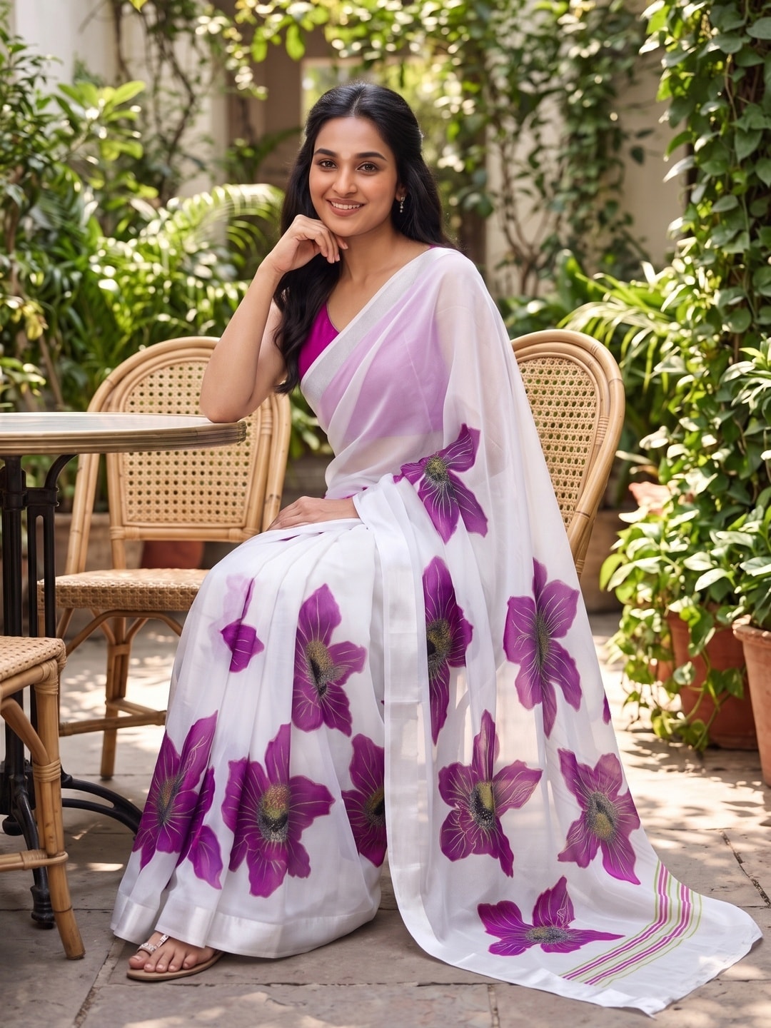 Peachmode White & Purple Fine Viscose Georgette Saree With Fancy Floral Foil Print And Pure Silk Handwork Blouse - Image 4
