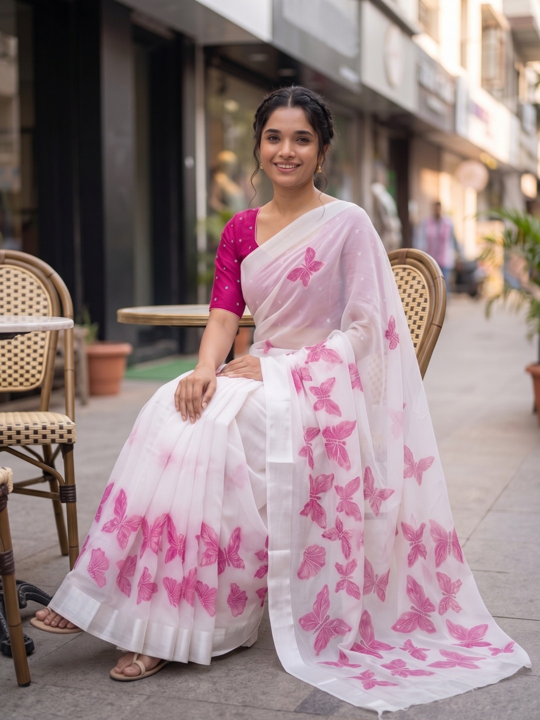 Peachmode White & Pink Fine Viscose Georgette Saree With Fancy Butterfly Foil Print And Pure Silk Handwork Blouse - Image 4