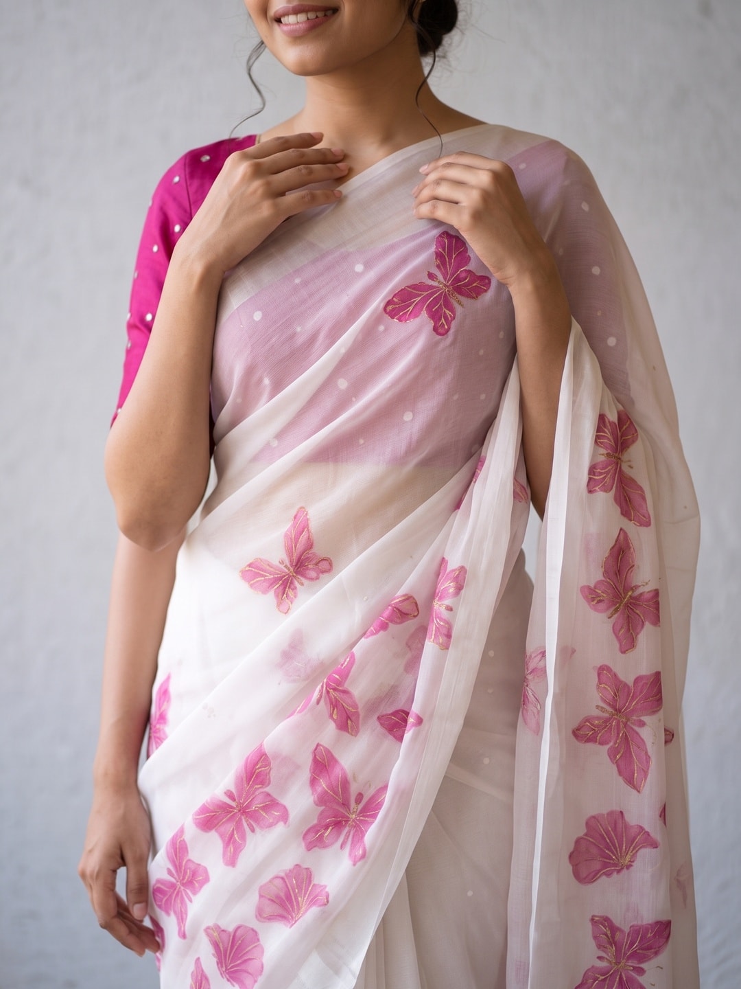 Peachmode White & Pink Fine Viscose Georgette Saree With Fancy Butterfly Foil Print And Pure Silk Handwork Blouse - Image 5