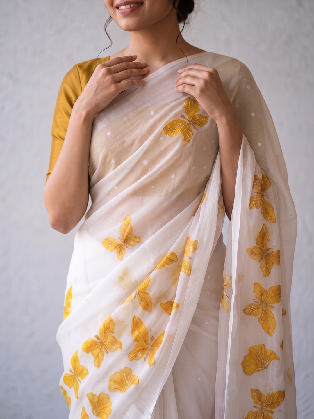 Peachmode White & Mustard Fine Viscose Georgette Saree With Fancy Butterfly Foil Print And Pure Silk Handwork Blouse - Image 5